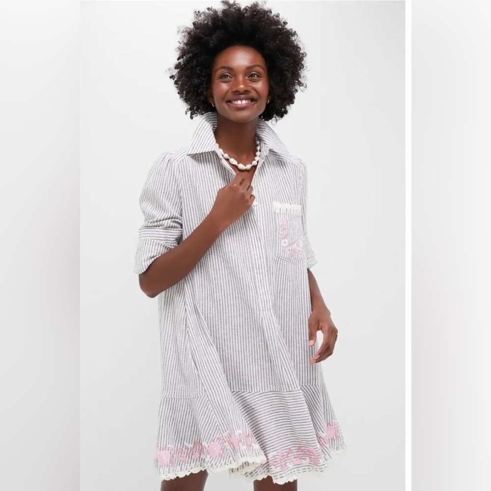 NWOT Tuckernuck Linen Striped Embroidered Button Up Long Sleeve Mini Shirt Dress